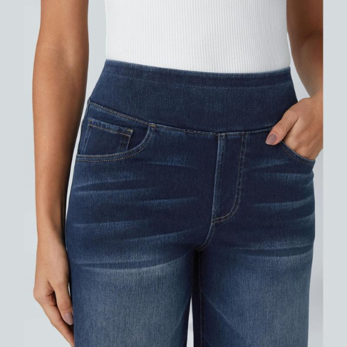 VAQUEROS INFORMALES ELÁSTICOS LAVADOS DE PUNTO ELÁSTICO CON CINTURA ALTA, MÚLTIPLES BOLSILLOS Y PIERNA ANCHA, PANTALONES VAQUEROS PARA MUJER