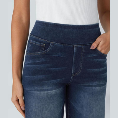 VAQUEROS INFORMALES ELÁSTICOS LAVADOS DE PUNTO ELÁSTICO CON CINTURA ALTA, MÚLTIPLES BOLSILLOS Y PIERNA ANCHA, PANTALONES VAQUEROS PARA MUJER