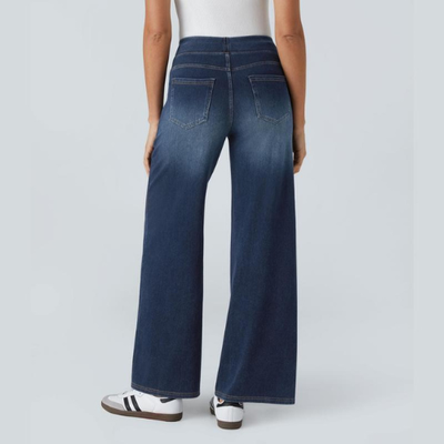 VAQUEROS INFORMALES ELÁSTICOS LAVADOS DE PUNTO ELÁSTICO CON CINTURA ALTA, MÚLTIPLES BOLSILLOS Y PIERNA ANCHA, PANTALONES VAQUEROS PARA MUJER