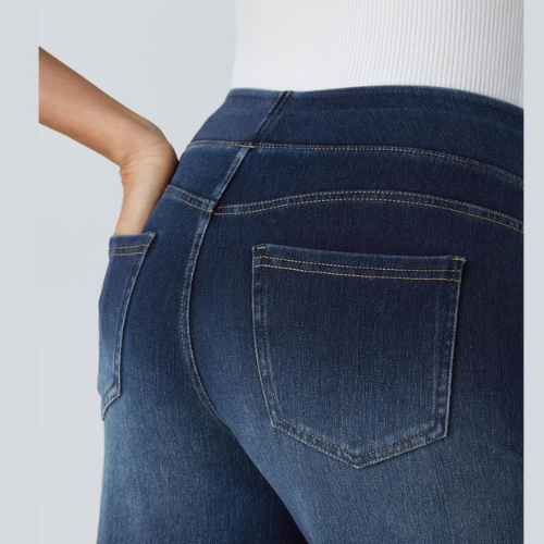 VAQUEROS INFORMALES ELÁSTICOS LAVADOS DE PUNTO ELÁSTICO CON CINTURA ALTA, MÚLTIPLES BOLSILLOS Y PIERNA ANCHA, PANTALONES VAQUEROS PARA MUJER
