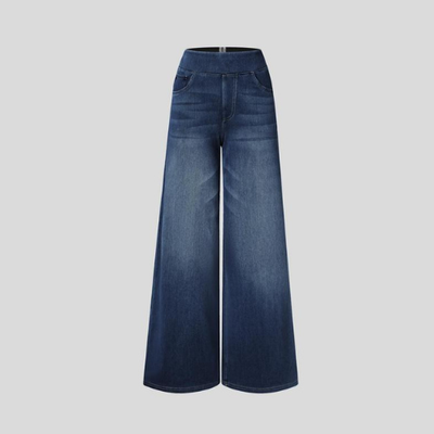 VAQUEROS INFORMALES ELÁSTICOS LAVADOS DE PUNTO ELÁSTICO CON CINTURA ALTA, MÚLTIPLES BOLSILLOS Y PIERNA ANCHA, PANTALONES VAQUEROS PARA MUJER