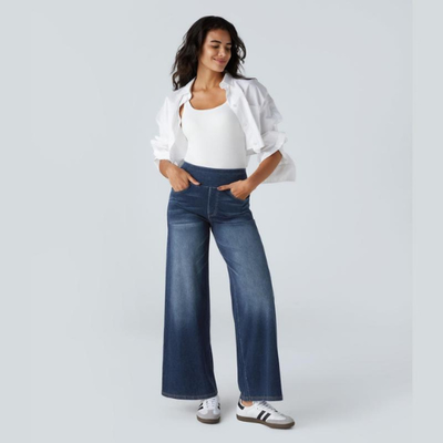 VAQUEROS INFORMALES ELÁSTICOS LAVADOS DE PUNTO ELÁSTICO CON CINTURA ALTA, MÚLTIPLES BOLSILLOS Y PIERNA ANCHA, PANTALONES VAQUEROS PARA MUJER