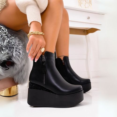 BOTINES NEGROS CON TACON ALTO Y BRILLO PARA MUJER