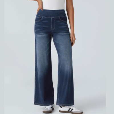 VAQUEROS INFORMALES ELÁSTICOS LAVADOS DE PUNTO ELÁSTICO CON CINTURA ALTA, MÚLTIPLES BOLSILLOS Y PIERNA ANCHA, PANTALONES VAQUEROS PARA MUJER