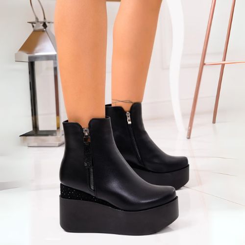 BOTINES NEGROS CON TACON ALTO Y BRILLO PARA MUJER