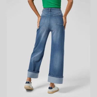 PANTALONES VAQUEROS INFORMALES LAVADOS DE CINTURA ALTA CON BOLSILLOS, BAJO ENROLLADO Y PIERNA ANCHA PARA MUJER.