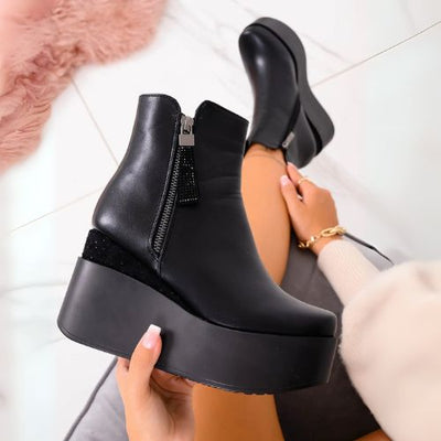 BOTINES NEGROS CON TACON ALTO Y BRILLO PARA MUJER