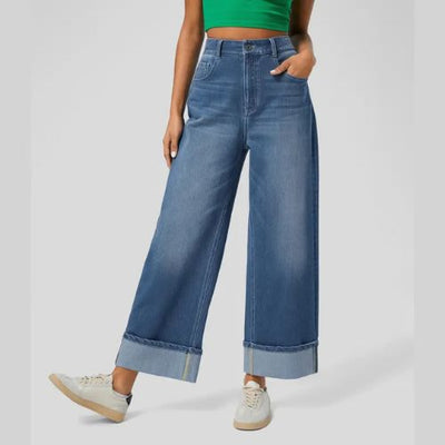 PANTALONES VAQUEROS INFORMALES LAVADOS DE CINTURA ALTA CON BOLSILLOS, BAJO ENROLLADO Y PIERNA ANCHA PARA MUJER.