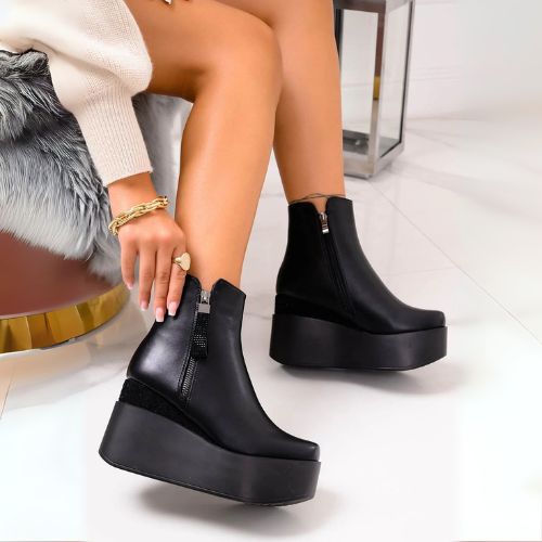 BOTINES NEGROS CON TACON ALTO Y BRILLO PARA MUJER