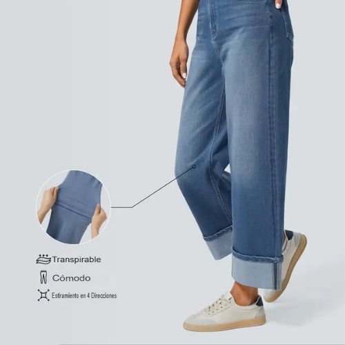 PANTALONES VAQUEROS INFORMALES LAVADOS DE CINTURA ALTA CON BOLSILLOS, BAJO ENROLLADO Y PIERNA ANCHA PARA MUJER.