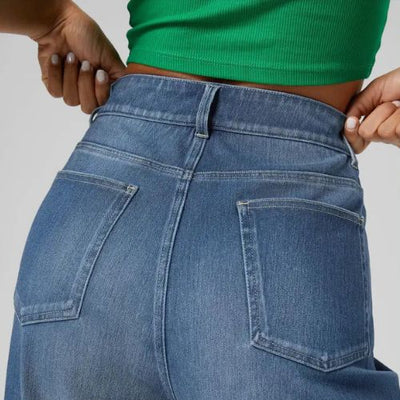 PANTALONES VAQUEROS INFORMALES LAVADOS DE CINTURA ALTA CON BOLSILLOS, BAJO ENROLLADO Y PIERNA ANCHA PARA MUJER.
