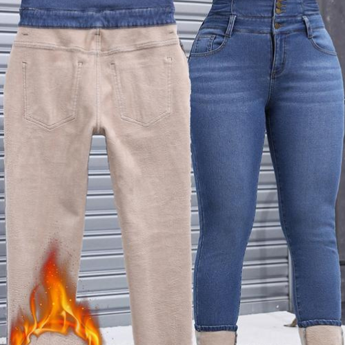 VAQUEROS GRUESOS DE MUJER CON FORRO POLAR DE ALTA ELASTICIDAD, MODA OTOÑO-INVIERNO