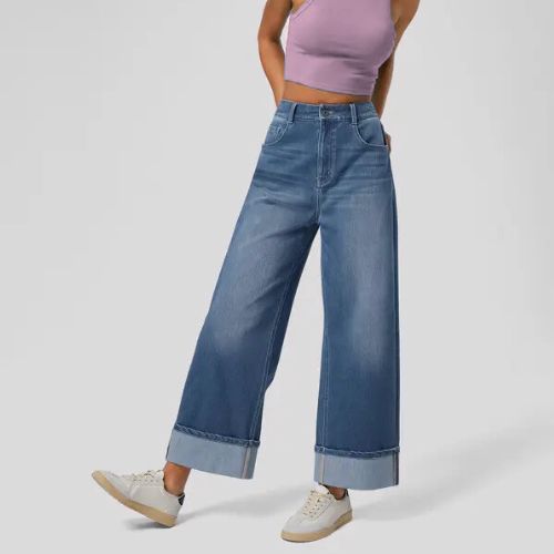 PANTALONES VAQUEROS INFORMALES LAVADOS DE CINTURA ALTA CON BOLSILLOS, BAJO ENROLLADO Y PIERNA ANCHA PARA MUJER.