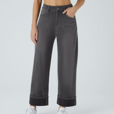 PANTALONES VAQUEROS INFORMALES LAVADOS DE CINTURA ALTA CON BOLSILLOS, BAJO ENROLLADO Y PIERNA ANCHA PARA MUJER.