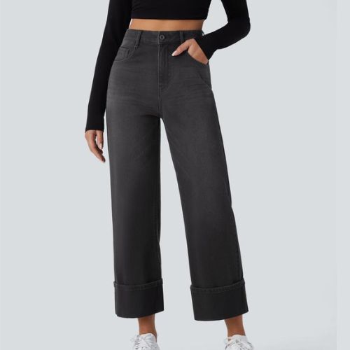 PANTALONES VAQUEROS INFORMALES LAVADOS DE CINTURA ALTA CON BOLSILLOS, BAJO ENROLLADO Y PIERNA ANCHA PARA MUJER.