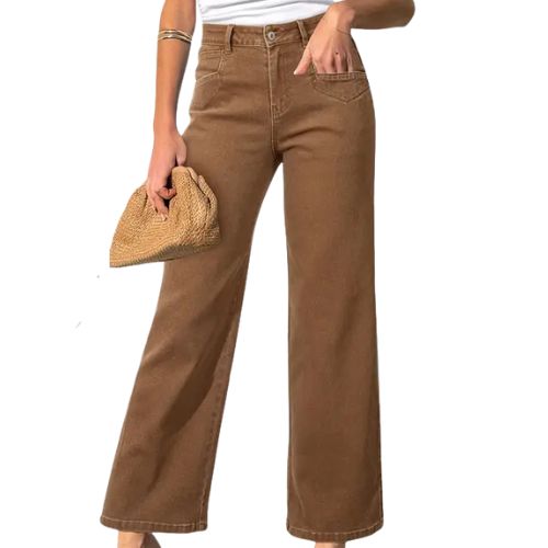PANTALONES RECTOS, ELÁSTICOS DE CINTURA ALTA Y PIERNA ANCHA CON BOLSILLOS INCLINADOS PARA MUJER.