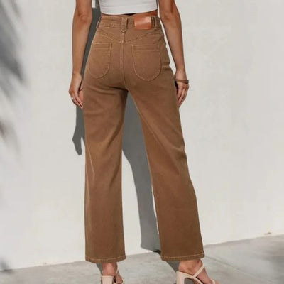 PANTALONES RECTOS, ELÁSTICOS DE CINTURA ALTA Y PIERNA ANCHA CON BOLSILLOS INCLINADOS PARA MUJER.