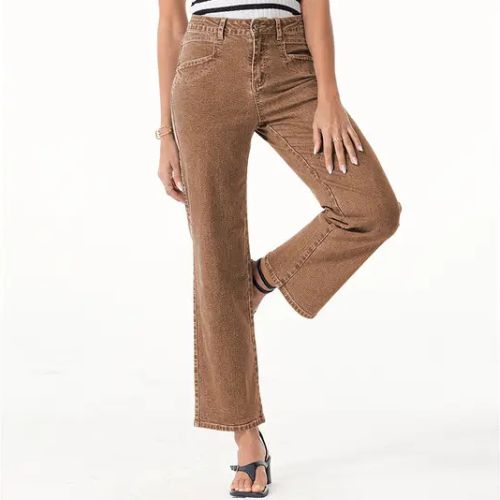 PANTALONES RECTOS, ELÁSTICOS DE CINTURA ALTA Y PIERNA ANCHA CON BOLSILLOS INCLINADOS PARA MUJER.