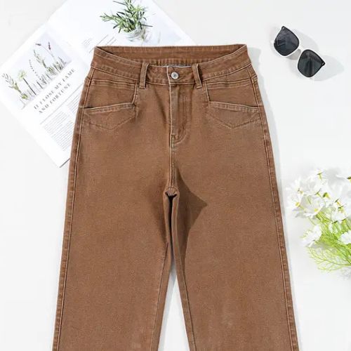 PANTALONES RECTOS, ELÁSTICOS DE CINTURA ALTA Y PIERNA ANCHA CON BOLSILLOS INCLINADOS PARA MUJER.