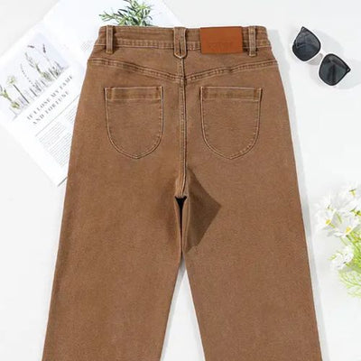 PANTALONES RECTOS, ELÁSTICOS DE CINTURA ALTA Y PIERNA ANCHA CON BOLSILLOS INCLINADOS PARA MUJER.