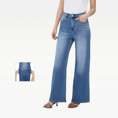 PANTALONES VAQUEROS ELÁSTICOS DE CINTURA ALTA Y PIERNA ANCHA PARA MUJER CON HEBILLA, PANTALONES HOLGADOS, ROPA INTERIOR, ROPA URBANA.