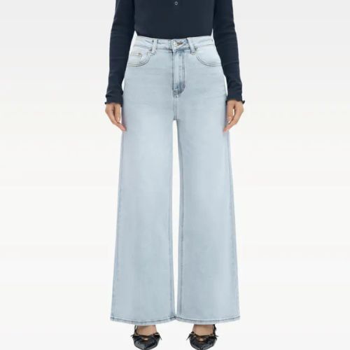 PANTALONES VAQUEROS ELÁSTICOS DE CINTURA ALTA Y PIERNA ANCHA PARA MUJER CON HEBILLA, PANTALONES HOLGADOS, ROPA INTERIOR, ROPA URBANA.