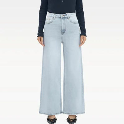 PANTALONES VAQUEROS ELÁSTICOS DE CINTURA ALTA Y PIERNA ANCHA PARA MUJER CON HEBILLA, PANTALONES HOLGADOS, ROPA INTERIOR, ROPA URBANA.