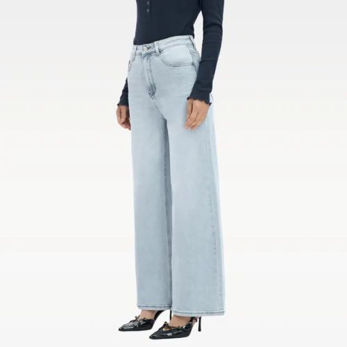 PANTALONES VAQUEROS ELÁSTICOS DE CINTURA ALTA Y PIERNA ANCHA PARA MUJER CON HEBILLA, PANTALONES HOLGADOS, ROPA INTERIOR, ROPA URBANA.
