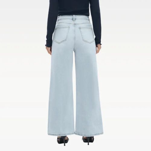 PANTALONES VAQUEROS ELÁSTICOS DE CINTURA ALTA Y PIERNA ANCHA PARA MUJER CON HEBILLA, PANTALONES HOLGADOS, ROPA INTERIOR, ROPA URBANA.