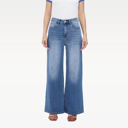 PANTALONES VAQUEROS ELÁSTICOS DE CINTURA ALTA Y PIERNA ANCHA PARA MUJER CON HEBILLA, PANTALONES HOLGADOS, ROPA INTERIOR, ROPA URBANA.