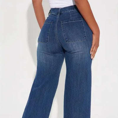 PANTALONES VAQUEROS DE TALLE MEDIO Y PIERNA ANCHA CON BAJO ANCHO PARA MUJER.