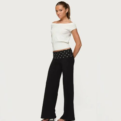 PANTALONES CON PLIEGUES Y LUNARES PARA MUJER