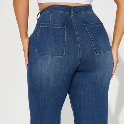 PANTALONES VAQUEROS DE TALLE MEDIO Y PIERNA ANCHA CON BAJO ANCHO PARA MUJER.