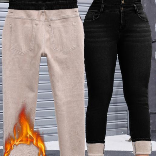 VAQUEROS GRUESOS DE MUJER CON FORRO POLAR DE ALTA ELASTICIDAD, MODA OTOÑO-INVIERNO