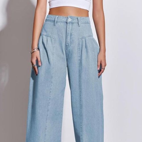 PANTALONES VAQUEROS  CON PLIEGUES LATERALES,HOLGADOS DE CINTURA ALTA PARA MUJER.