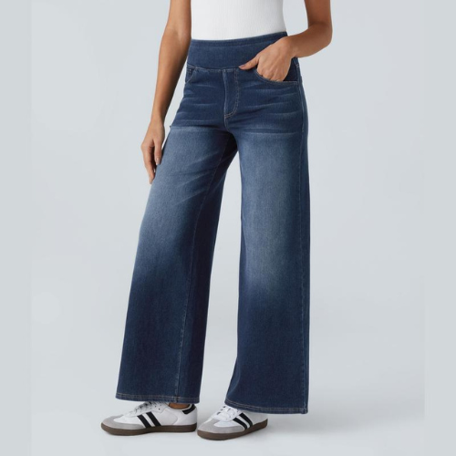 VAQUEROS INFORMALES ELÁSTICOS LAVADOS DE PUNTO ELÁSTICO CON CINTURA ALTA, MÚLTIPLES BOLSILLOS Y PIERNA ANCHA, PANTALONES VAQUEROS PARA MUJER