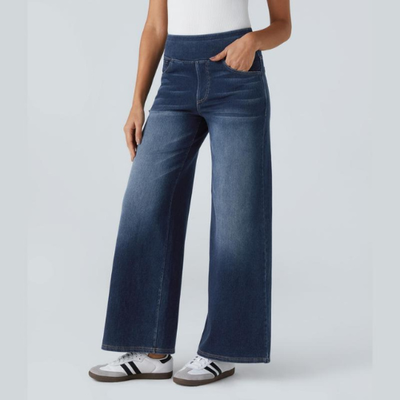 VAQUEROS INFORMALES ELÁSTICOS LAVADOS DE PUNTO ELÁSTICO CON CINTURA ALTA, MÚLTIPLES BOLSILLOS Y PIERNA ANCHA, PANTALONES VAQUEROS PARA MUJER